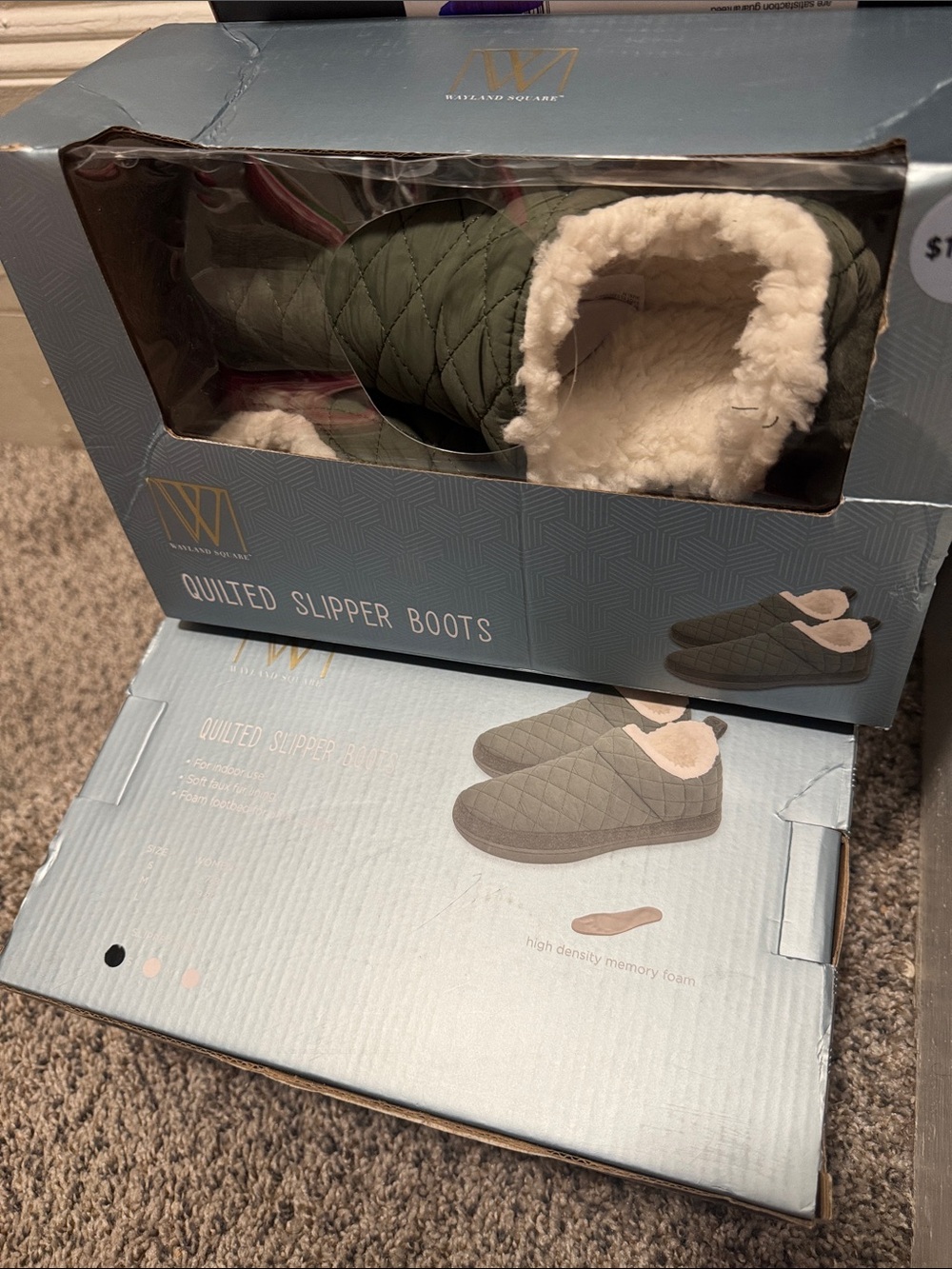 Quilted Olive Green Slipper Booties with Faux Shearling